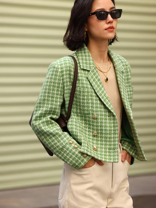 HeyDress绿色小香风外套女春季法式复古格纹设计感气质短款上衣 商品图3