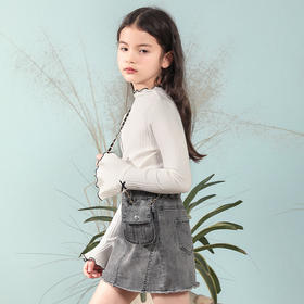 【抽条弹力针织T恤】童装春夏新品女童长袖T恤时尚喇叭袖针织上衣