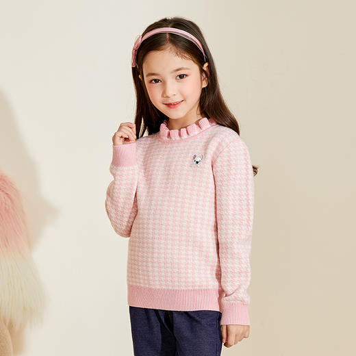 mettekids女童羊绒衫春秋款粉色花边领针织衫儿童千鸟格洋气毛衣 商品图3