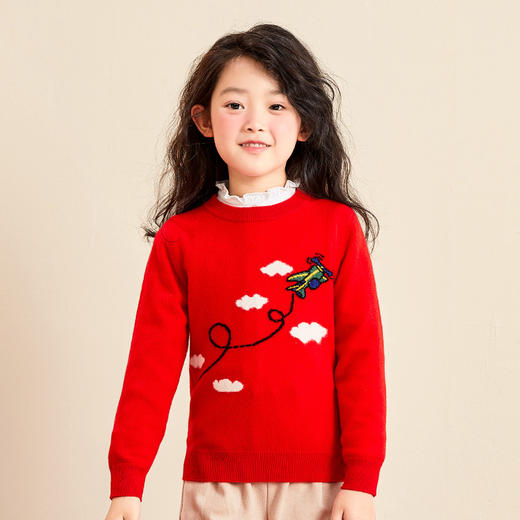 mettekids儿童羊绒衫春秋款卡通图案圆领打底衫男童女童红色毛衣 商品图1