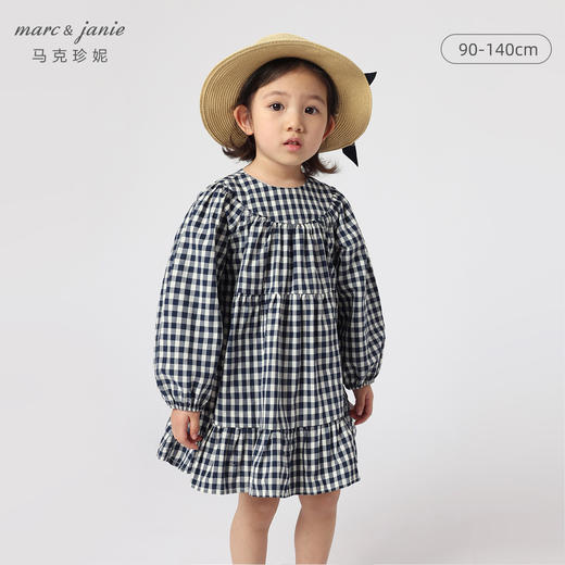 马克珍妮春装新款 女童田园风蓝白格宽松连衣裙230301 商品图0