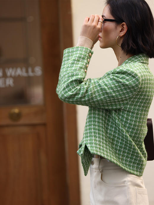 HeyDress绿色小香风外套女春季法式复古格纹设计感气质短款上衣 商品图1