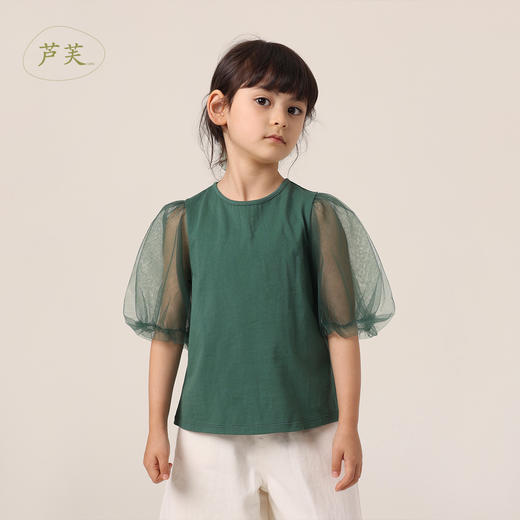 【马克珍妮 芦芙】夏季新款 女童网纱泡泡袖纯棉T恤230355 商品图0