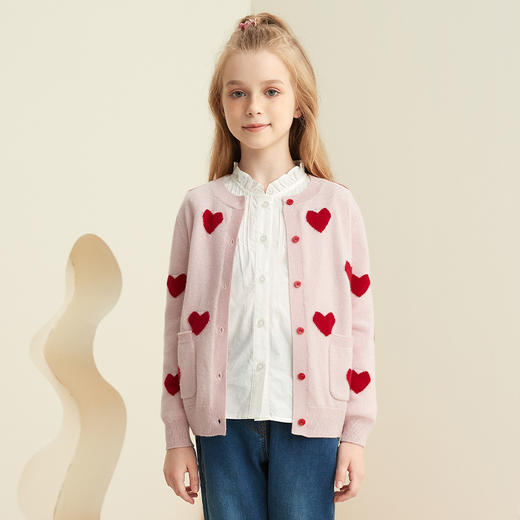 【爱心款童装羊绒开衫】羊绒世家童装女宝100%山羊绒开衫可爱心形印花针织外套 商品图2