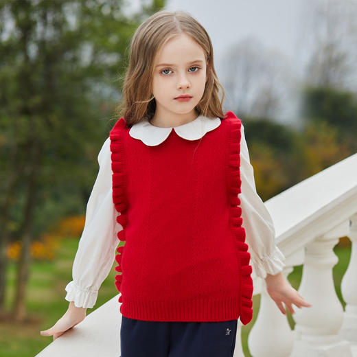 mettekids儿童羊绒衫女童毛衣背心马甲针织衫红色春秋款打底衫 商品图0