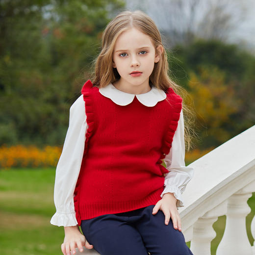 mettekids儿童羊绒衫女童毛衣背心马甲针织衫红色春秋款打底衫 商品图1