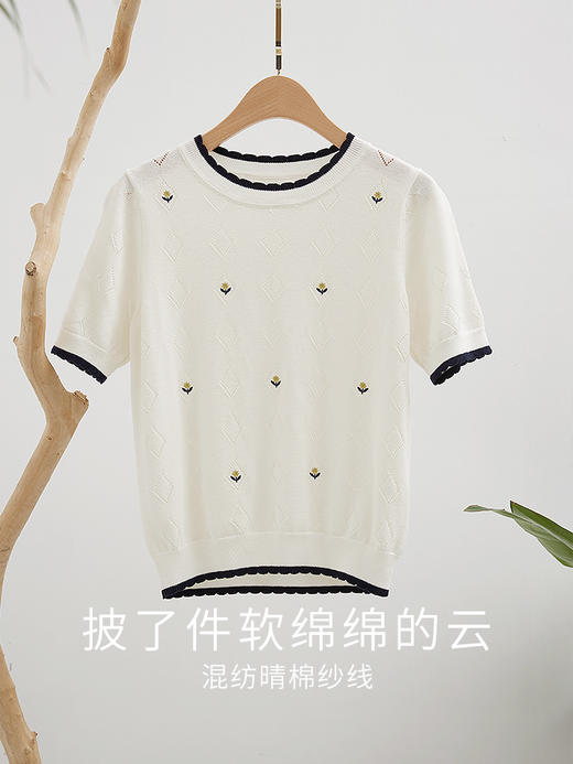 【专属特价】熙世界菱形镂空薄针织衫女短袖2025夏季新款复古刺绣半袖冰丝上衣 商品图3
