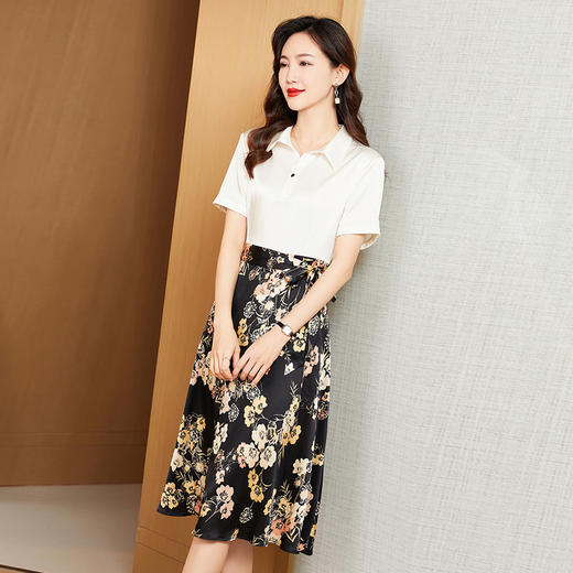 收腰显瘦绸缎面桑蚕丝假两件衬衫裙子KQN-221211 商品图1