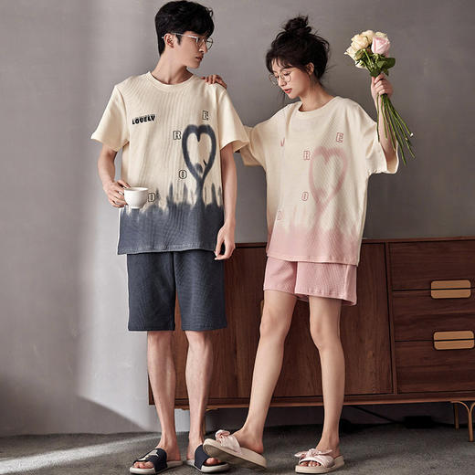 【情侣CP纯棉家居服】2023春夏秋华夫格情侣睡衣夏季短袖卡通韩版 可外穿家居服6535棉 情侣全棉薄款可外穿可宅家睡衣睡裤套装 商品图0