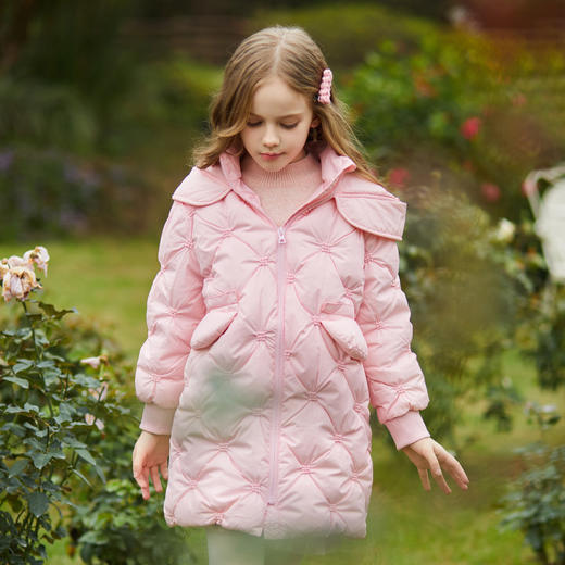 mettekids女童羽绒服冬季中长款保暖外套儿童纯色白鹅绒洋气童装 商品图0