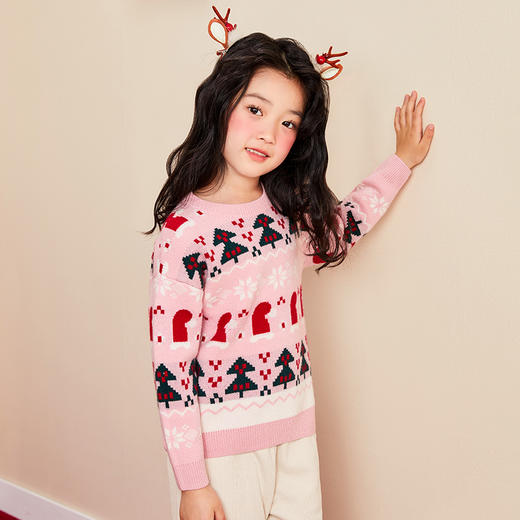 mettekids儿童羊绒衫春秋新款童装中大童洋气针织衫女童圣诞毛衣 商品图3
