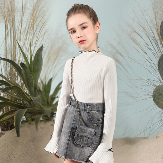 【抽条弹力针织T恤】童装春夏新品女童长袖T恤时尚喇叭袖针织上衣 商品图1