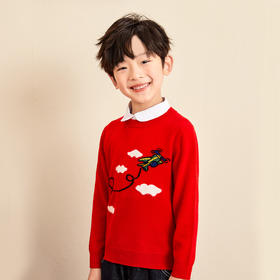 mettekids儿童羊绒衫春秋款卡通图案圆领打底衫男童女童红色毛衣