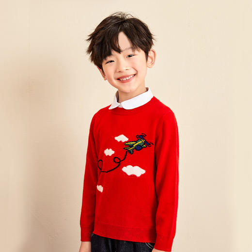mettekids儿童羊绒衫春秋款卡通图案圆领打底衫男童女童红色毛衣 商品图0
