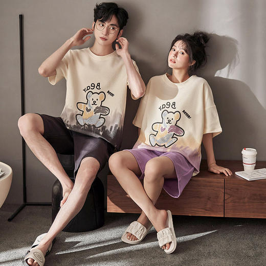 【情侣CP纯棉家居服】2023春夏秋华夫格情侣睡衣夏季短袖卡通韩版 可外穿家居服6535棉 情侣全棉薄款可外穿可宅家睡衣睡裤套装 商品图2