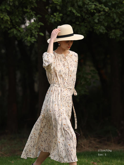 HeyDress法式碎花裙女春夏圆领宽松收腰显瘦印花裙温柔度假风裙子 商品图2