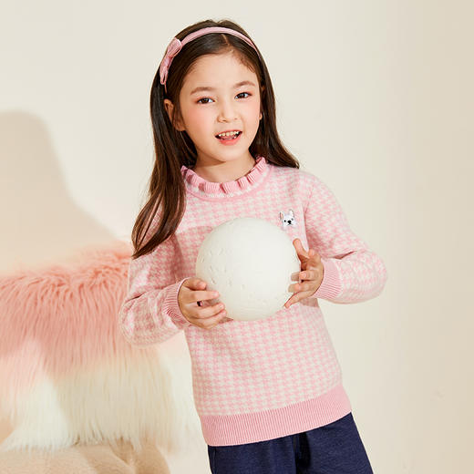 mettekids女童羊绒衫春秋款粉色花边领针织衫儿童千鸟格洋气毛衣 商品图2