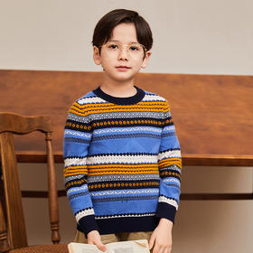 mettekids男童羊绒衫春秋新款条纹儿童毛衣大童圆领休闲针织衫