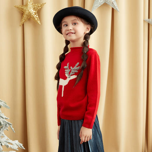 mettekids儿童100%羊绒衫女童中大童春秋打底针织衫麋鹿红色毛衣 商品图3