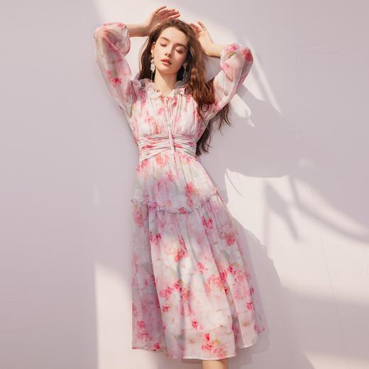 BeQueenStory【烟雨桃花】法式名媛浪漫收腰抽褶碎花裙女2023年春季新款 商品图3