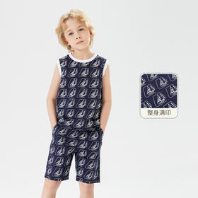 mettekids儿童背心男童套装2022夏季休闲满印花无袖短裤两件套潮