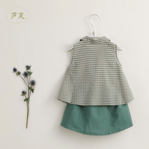 【马克珍妮 芦芙】夏装新款 女童透气棉麻绿格短裙套装230390 商品图2