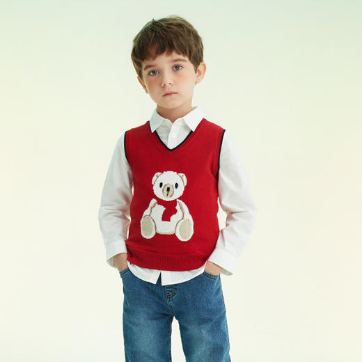 mettekids儿童针织背心外穿春秋打底衫男童红色毛衣女童小熊马甲 商品图1