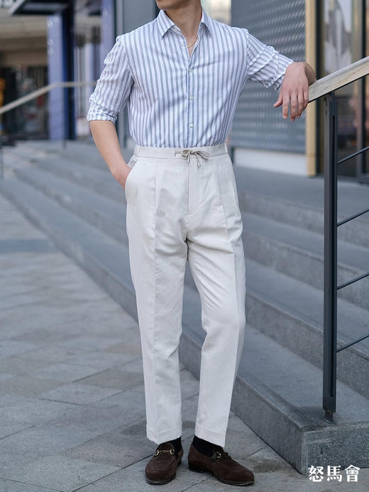 Stylbiella 棉亚麻混织卡其色意式工艺裤装 商品图3