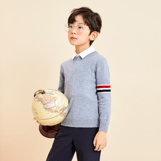 mettekids儿童羊绒衫春秋新款拼接打底毛衣男童针织衫圆领套头衫 商品图1