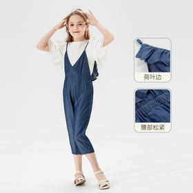 mettekids女童裤子儿童背带裤2022新款夏装休闲韩系潮童装牛仔裤