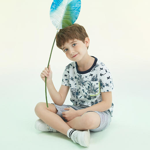 mettekids儿童短袖2022新款童装洋气时尚圆领白色印花男童t恤夏季 商品图1
