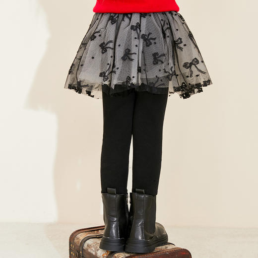 mettekids女童裤子春秋新款绒打底裤中大儿童黑色网纱公主裙裤 商品图3