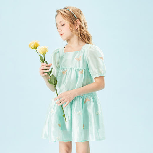 mettekids女童连衣裙夏中大童方形领绣花洋气时髦公主裙儿童裙子 商品图3