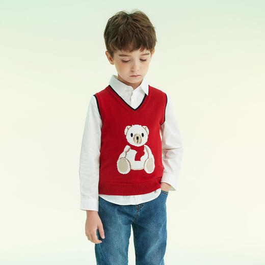 mettekids儿童针织背心外穿春秋打底衫男童红色毛衣女童小熊马甲 商品图3