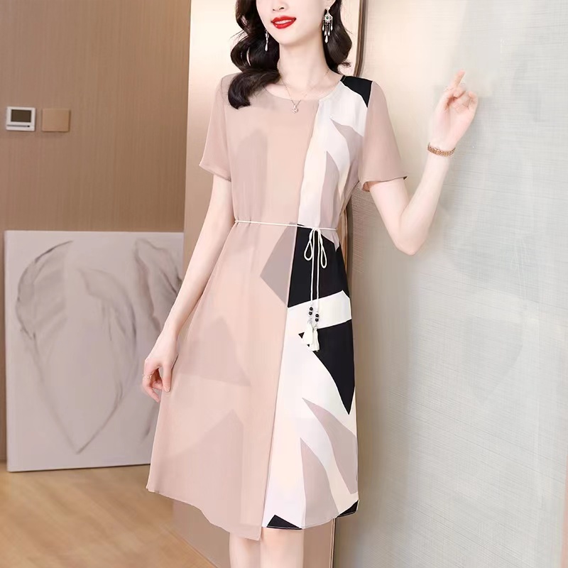 （唯）A2-1【连衣裙】几何图案雪纺中长款连衣裙