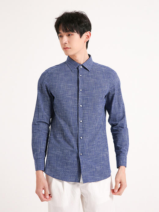 callisto蓝白花纱纹理全棉意式领衬衫 SSSTL021C 商品图0