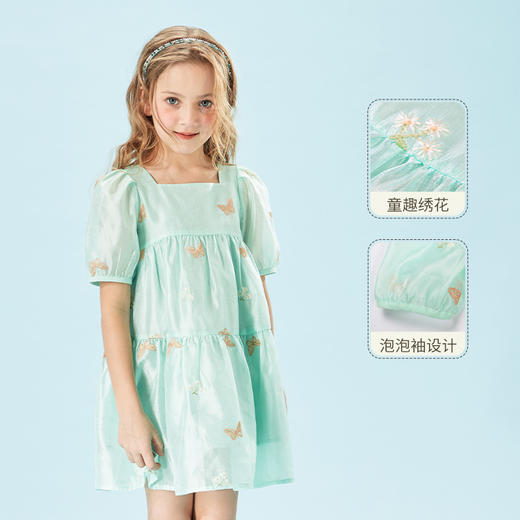 mettekids女童连衣裙夏中大童方形领绣花洋气时髦公主裙儿童裙子 商品图0
