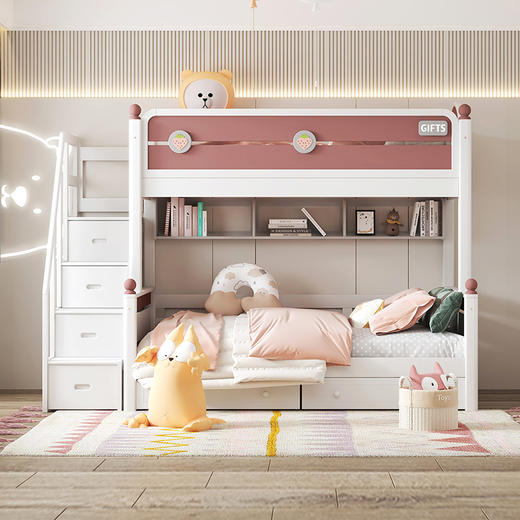 喜梦宝全实木双层床儿童床上下铺实木女孩子母床多功能组合高低床草莓糖 商品图0