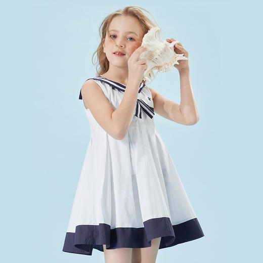 mettekids儿童裙子学院风女童时髦无袖连衣裙夏中大童纯棉长裙 商品图1