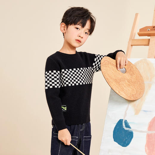 mettekids儿童羊绒衫男孩春秋新款加厚针织衫中大童撞色休闲毛衣 商品图1