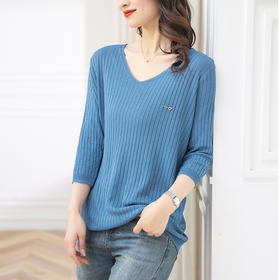 V领七分袖上衣，薄款修身妈妈半袖t恤针织衫CC-103-A051