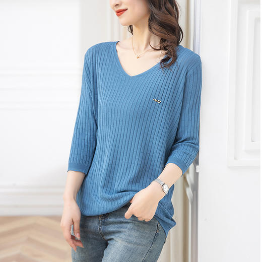 V领七分袖上衣，薄款修身妈妈半袖t恤针织衫CC-103-A051 商品图0
