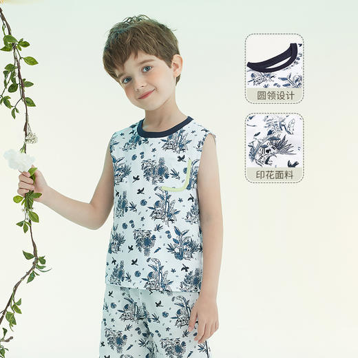 mettekids儿童背心2022新款童装休闲透气圆领白色印花男童夏季t恤 商品图0