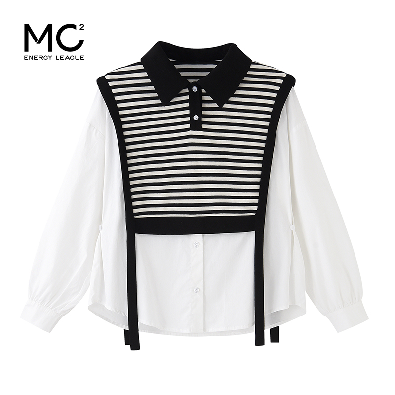 女装翻领假两件条纹拼接长袖衬衫C3212356