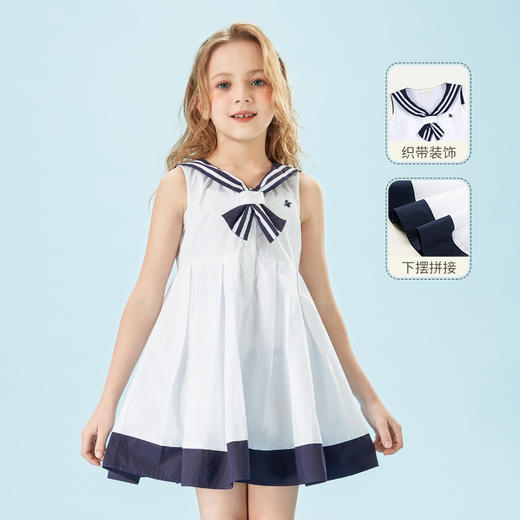 mettekids儿童裙子学院风女童时髦无袖连衣裙夏中大童纯棉长裙 商品图0