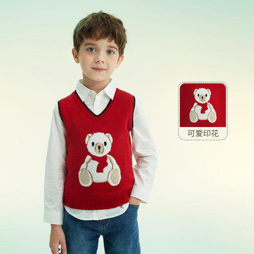 mettekids儿童针织背心外穿春秋打底衫男童红色毛衣女童小熊马甲 商品图0