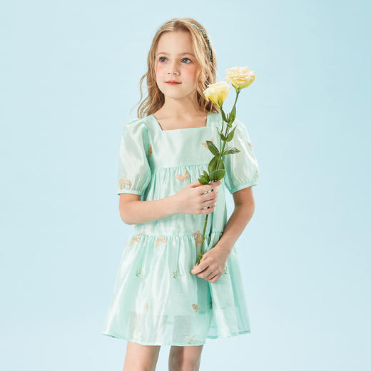 mettekids女童连衣裙夏中大童方形领绣花洋气时髦公主裙儿童裙子 商品图2