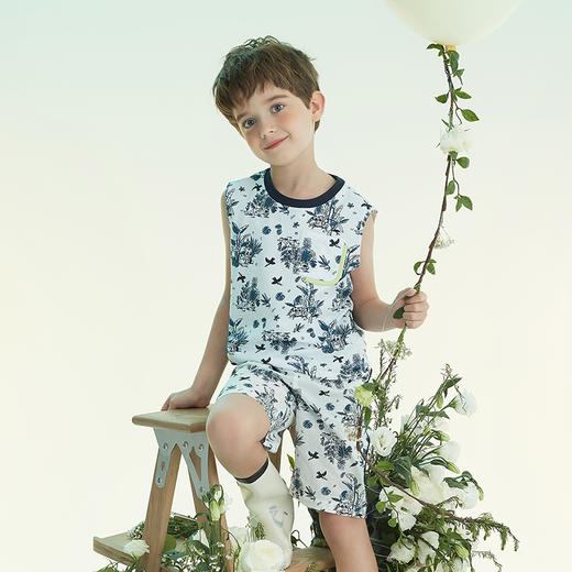 mettekids儿童背心2022新款童装休闲透气圆领白色印花男童夏季t恤 商品图2