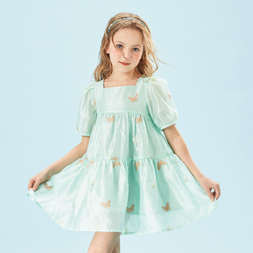 mettekids女童连衣裙夏中大童方形领绣花洋气时髦公主裙儿童裙子 商品图1