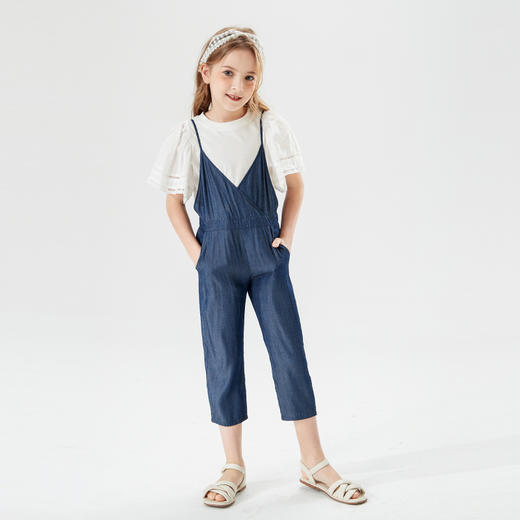 mettekids女童裤子儿童背带裤2022新款夏装休闲韩系潮童装牛仔裤 商品图3